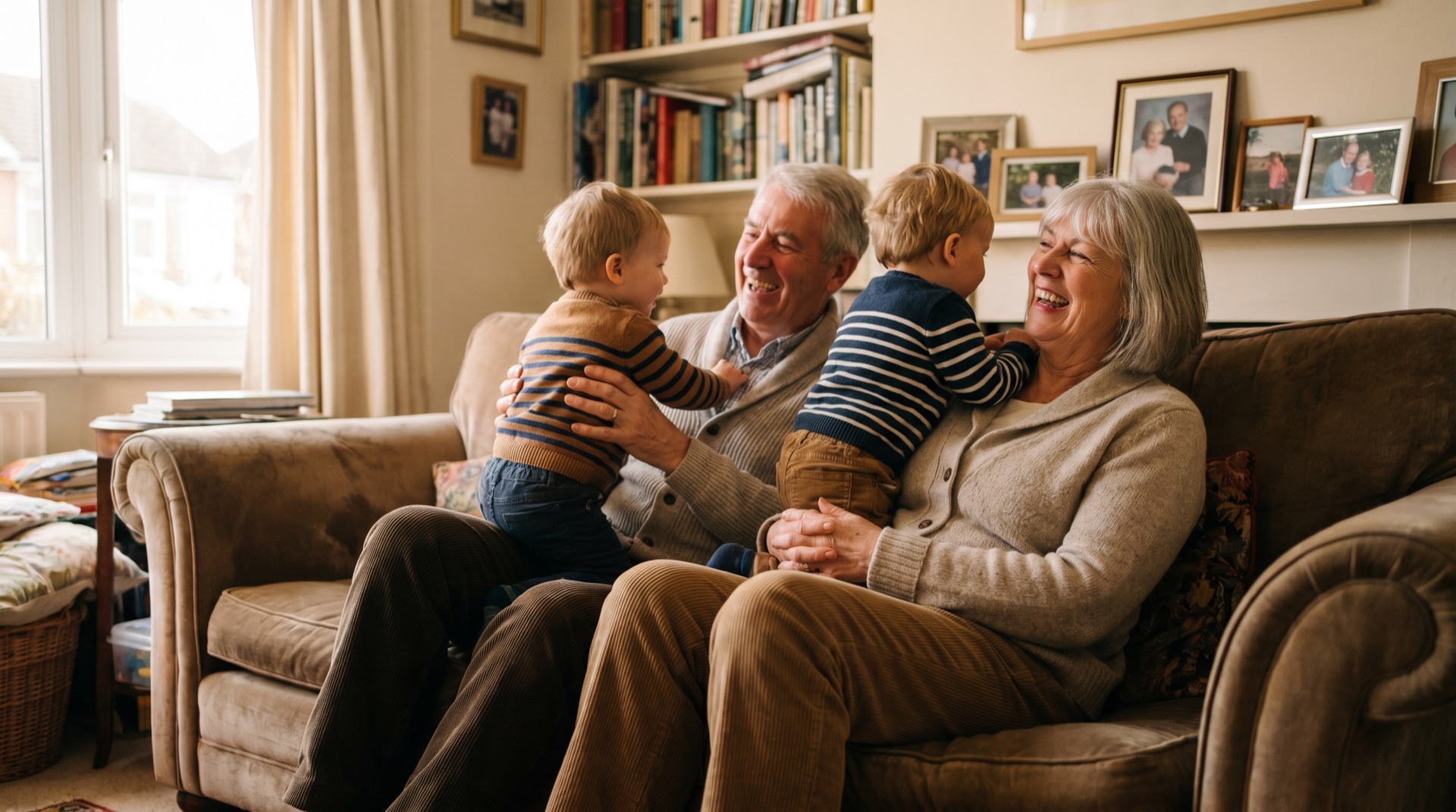 Grandparents laughing at home with their two young grandchildren